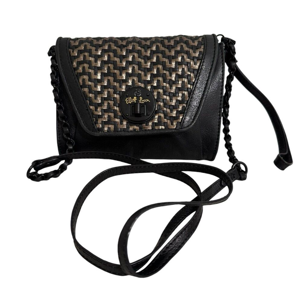 Elliott Lucca Crossbody Wristlet Bag Woven Black Gold Woven Flap Turn Lock